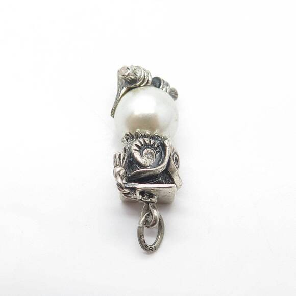 BEAU 925 Sterling Silver Vintage Faux Pearl Owl Professor On Brunch Pendant - Picture 6 of 8